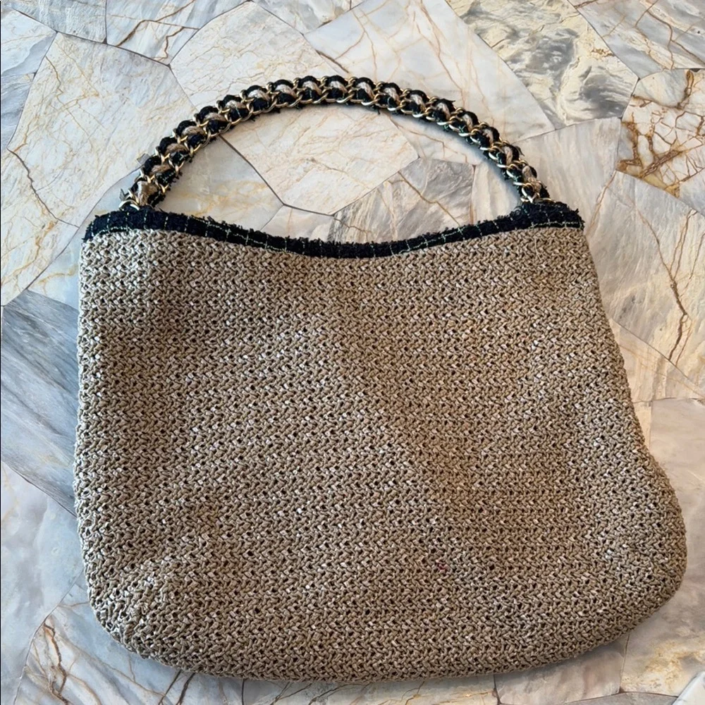 CHANEL Tan and Black Hobo Bag with Chunky Chain Handle - Picture 7 of 11